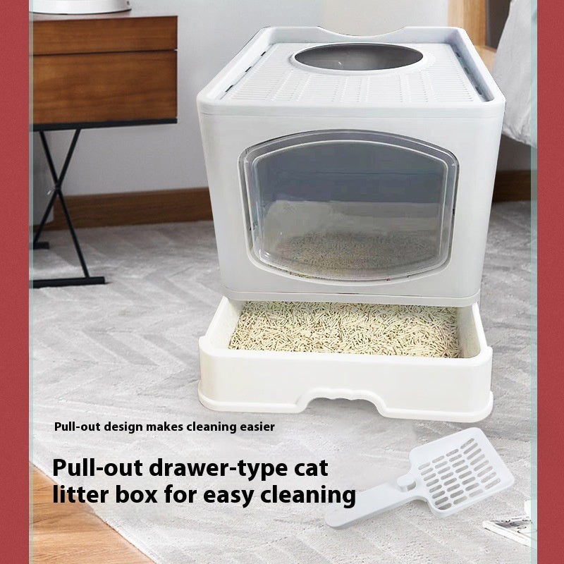 KFX-1658557 Fully Enclosed Plus-Sized Folding Cat Litter Box in Blue, Pink, or Gray - Durable ABS PP Material