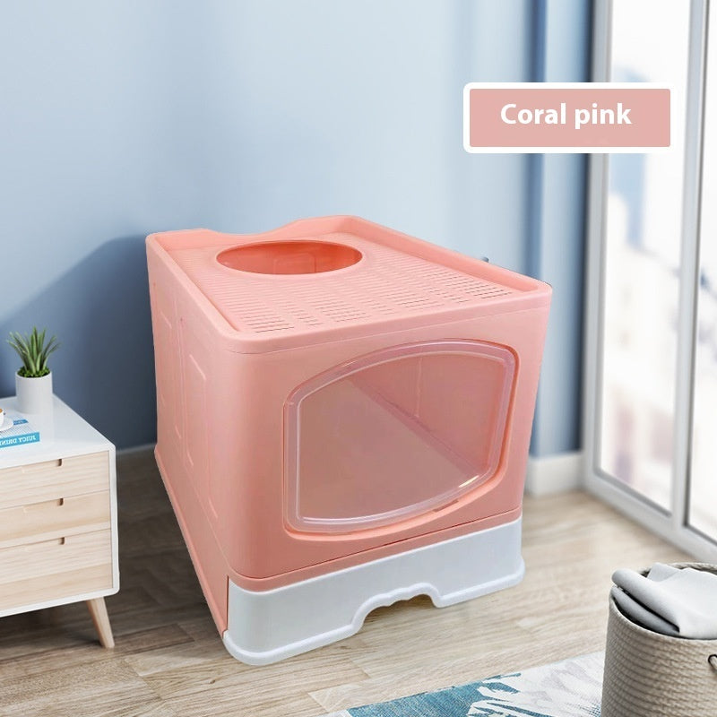 KFX-1658557 Fully Enclosed Plus-Sized Folding Cat Litter Box in Blue, Pink, or Gray - Durable ABS PP Material