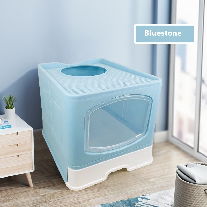 KFX-1658557 Fully Enclosed Plus-Sized Folding Cat Litter Box in Blue, Pink, or Gray - Durable ABS PP Material