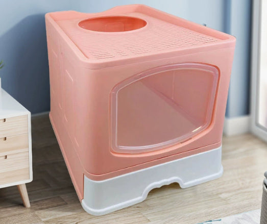 KFX-1658557 Fully Enclosed Plus-Sized Folding Cat Litter Box in Blue, Pink, or Gray - Durable ABS PP Material