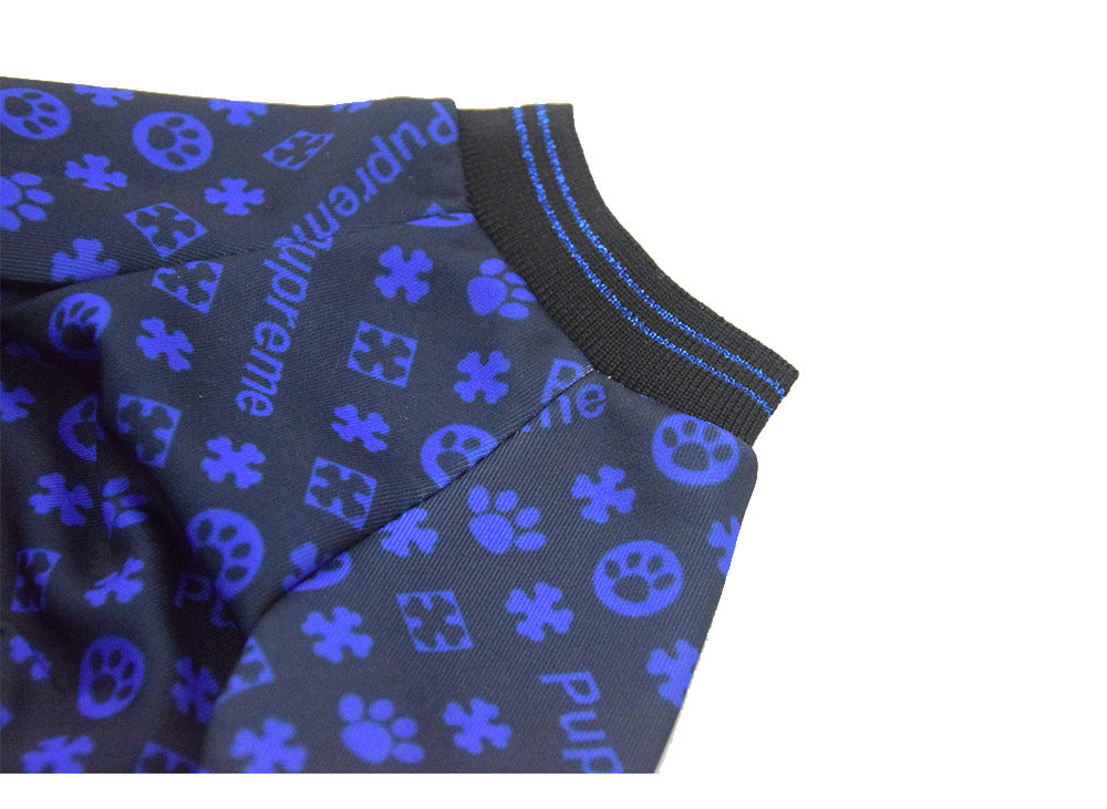 KFX-1664829 Casual Dog Clothes with Full Print Dog Paws - Polyester Outfit in Blue and Red, Sizes XS to 2XL
