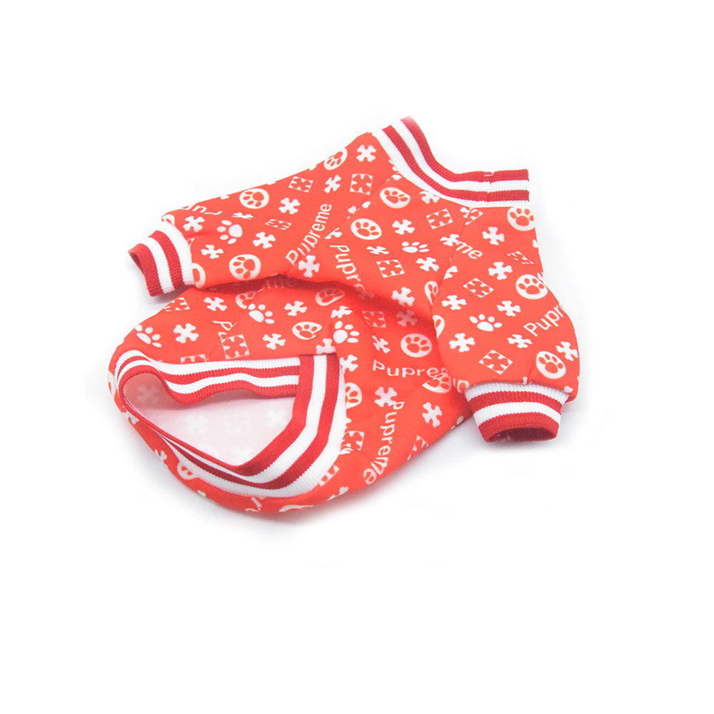 KFX-1664829 Casual Dog Clothes with Full Print Dog Paws - Polyester Outfit in Blue and Red, Sizes XS to 2XL
