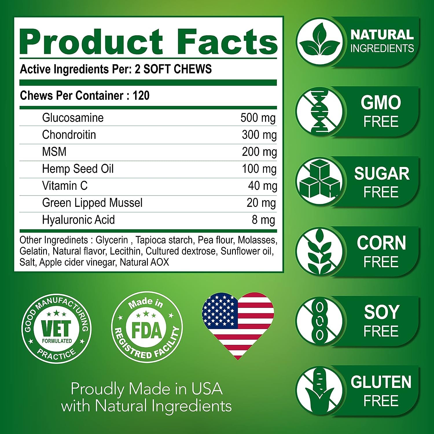 KFX-1666493 Hip & Joint Health Supplement for Dogs - 120 Chews with Glucosamine, Chondroitin, MSM & Hyaluronic Acid