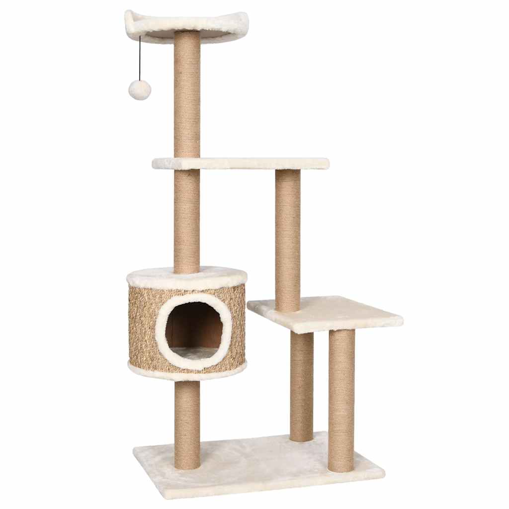KFX-1669693 Beige Cat Scratching Post with Seagrass Wrap, 123 cm Tall Cat Tree with Perches and Cave