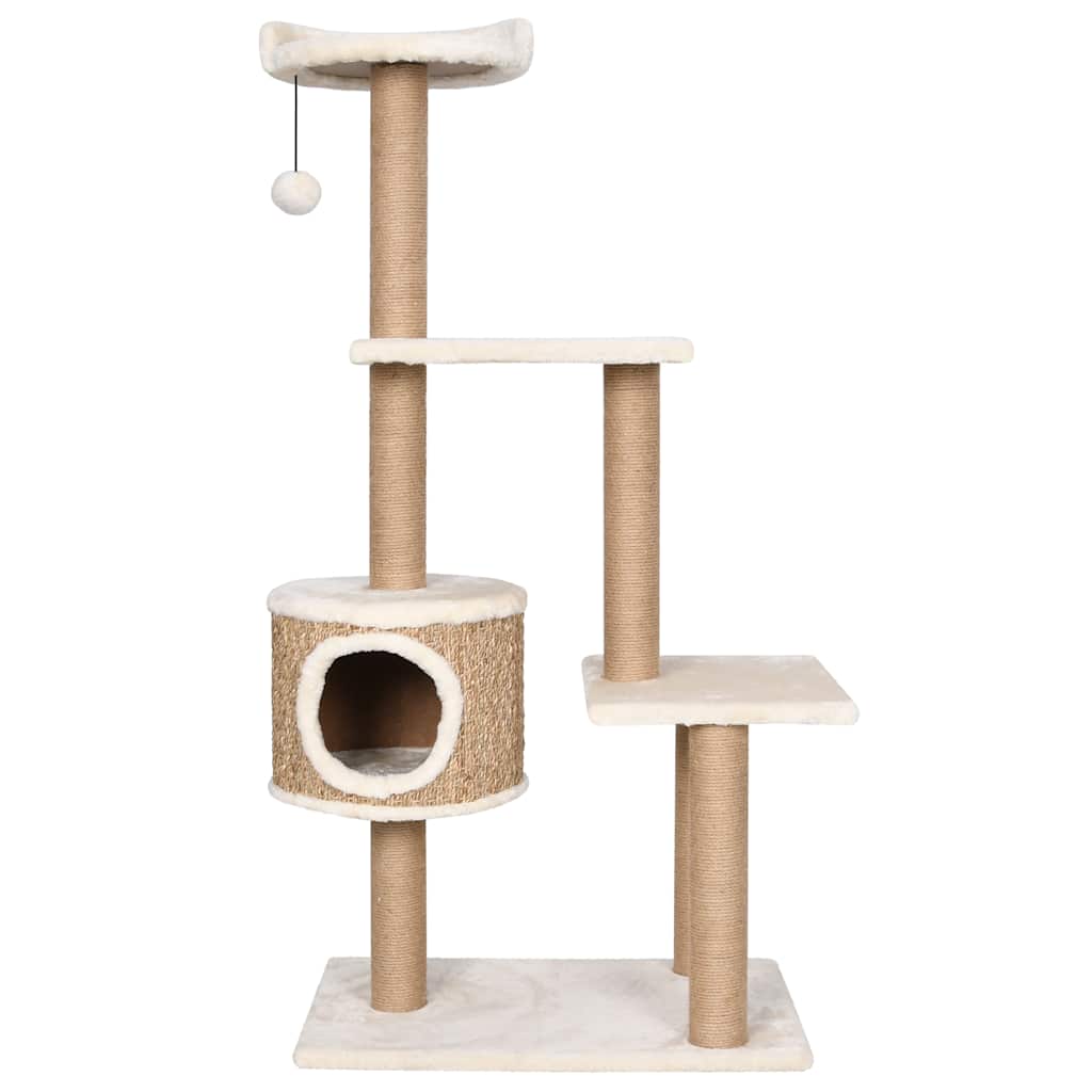 KFX-1669693 Beige Cat Scratching Post with Seagrass Wrap, 123 cm Tall Cat Tree with Perches and Cave