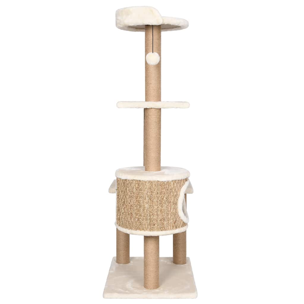 KFX-1669693 Beige Cat Scratching Post with Seagrass Wrap, 123 cm Tall Cat Tree with Perches and Cave