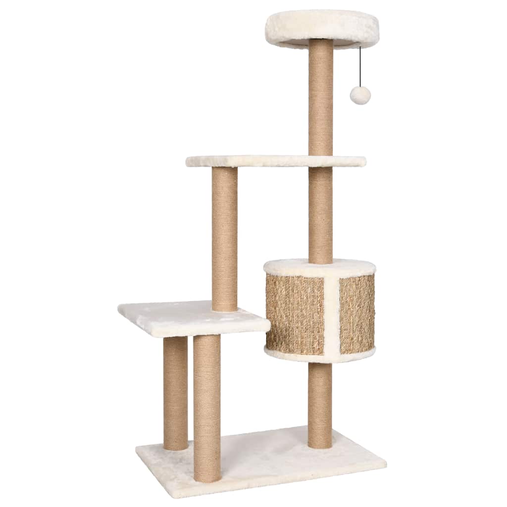 KFX-1669693 Beige Cat Scratching Post with Seagrass Wrap, 123 cm Tall Cat Tree with Perches and Cave