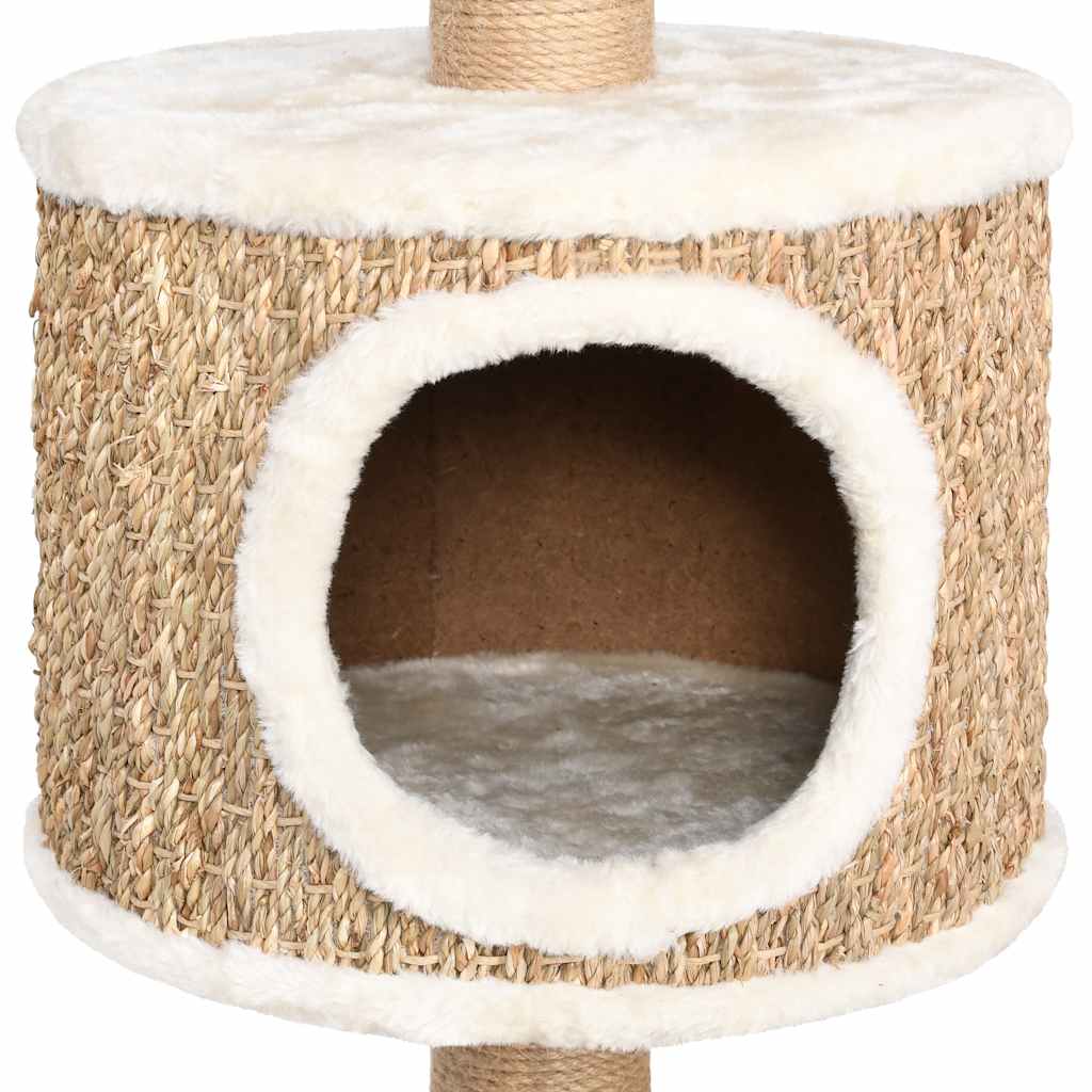 KFX-1669693 Beige Cat Scratching Post with Seagrass Wrap, 123 cm Tall Cat Tree with Perches and Cave