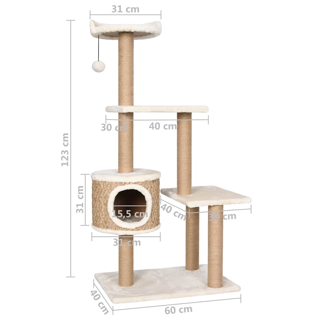 KFX-1669693 Beige Cat Scratching Post with Seagrass Wrap, 123 cm Tall Cat Tree with Perches and Cave