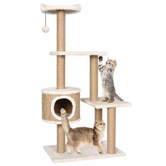 KFX-1669693 Beige Cat Scratching Post with Seagrass Wrap, 123 cm Tall Cat Tree with Perches and Cave