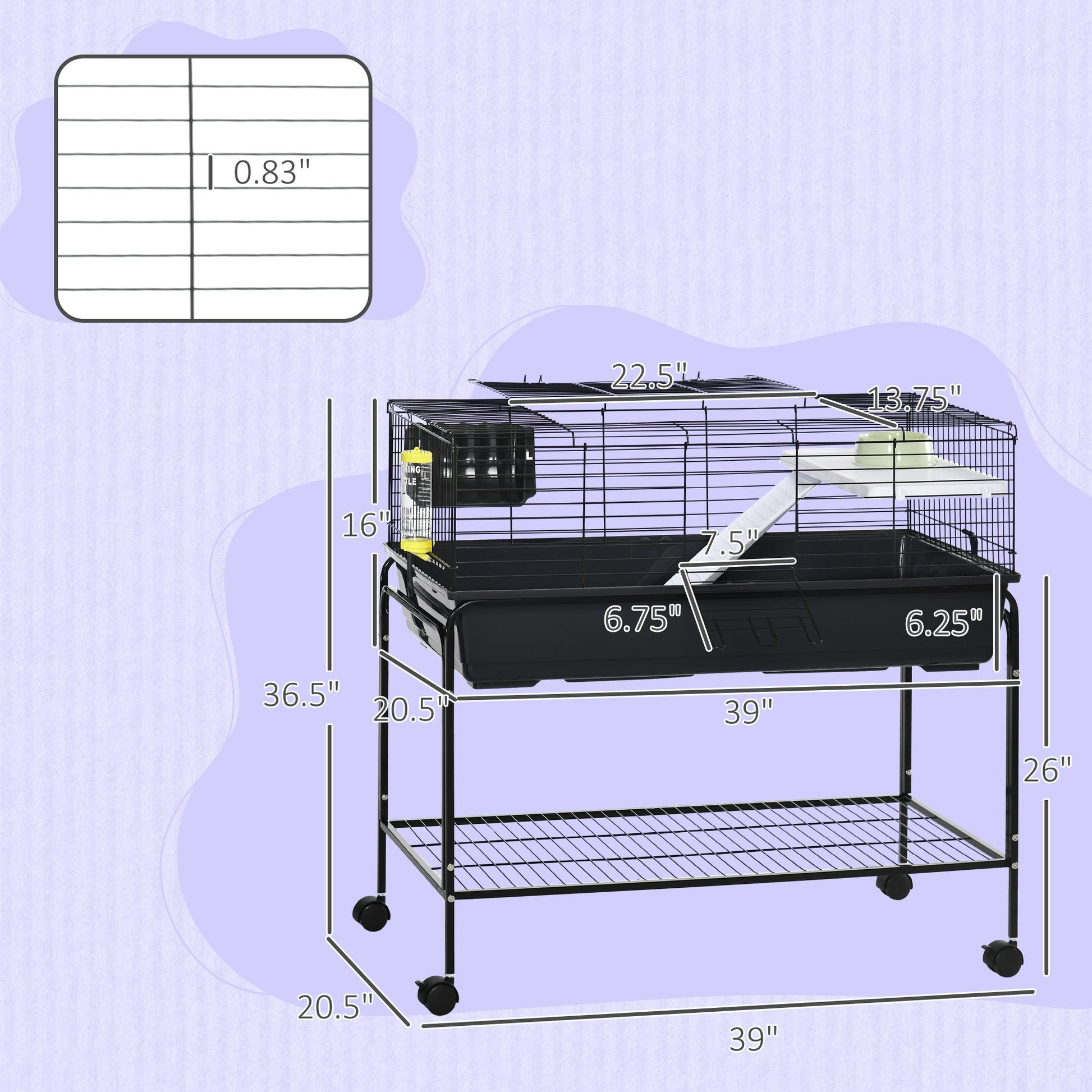 KFX-1670077 Two-Story Small Animal Cage with Removable Stand, Shelf & Wheels - Ideal Habitat for Guinea Pigs, Hedgehogs, Chinchillas, and Ferrets - 39" x 20.5" x 36.5" Black