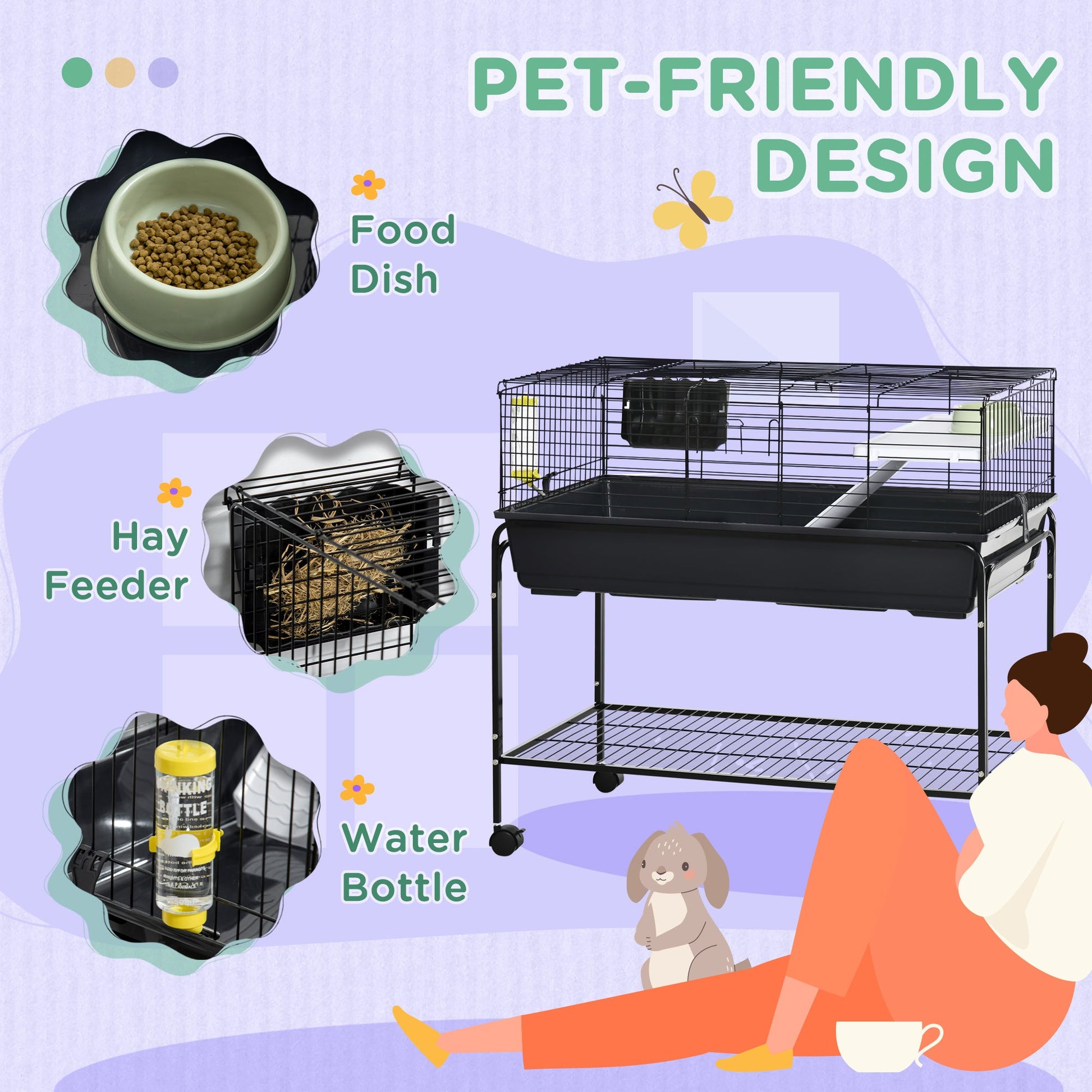 KFX-1670077 Two-Story Small Animal Cage with Removable Stand, Shelf & Wheels - Ideal Habitat for Guinea Pigs, Hedgehogs, Chinchillas, and Ferrets - 39" x 20.5" x 36.5" Black