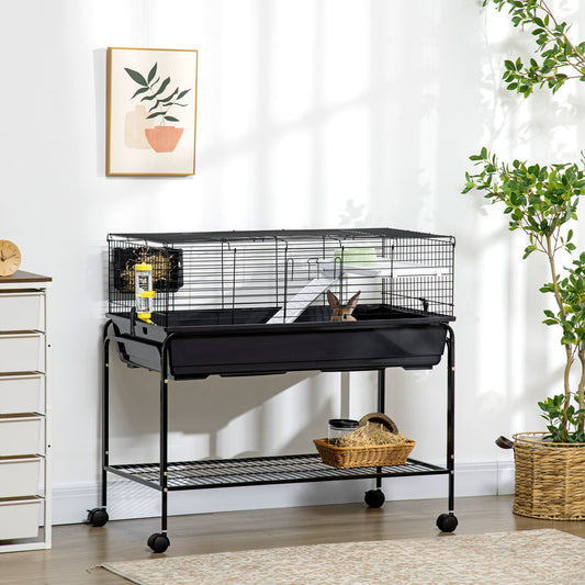 KFX-1670077 Two-Story Small Animal Cage with Removable Stand, Shelf & Wheels - Ideal Habitat for Guinea Pigs, Hedgehogs, Chinchillas, and Ferrets - 39" x 20.5" x 36.5" Black