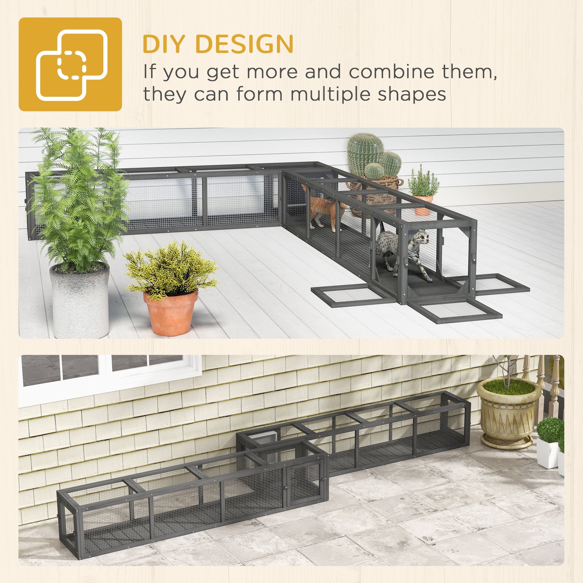 KFX-1670461 Dark Gray Wooden Cat Run with Weather Protection, Indoor/Outdoor Access, 79"L x 15"W x 15"H