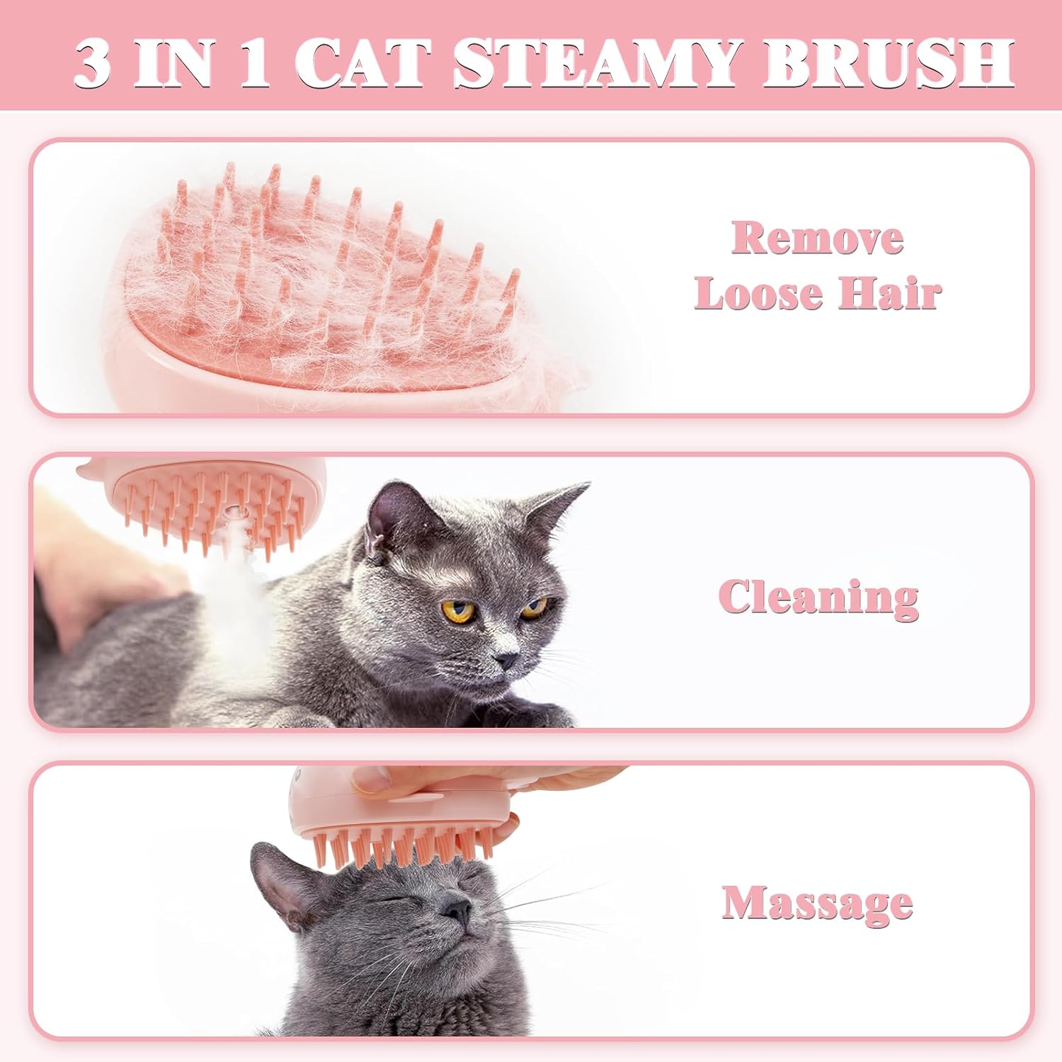 KFX-1673661 3-in-1 Rechargeable Steamy Cat Brush with Self-Cleaning Feature - Pet Hair Removal and Massage Tool for Cats and Dogs