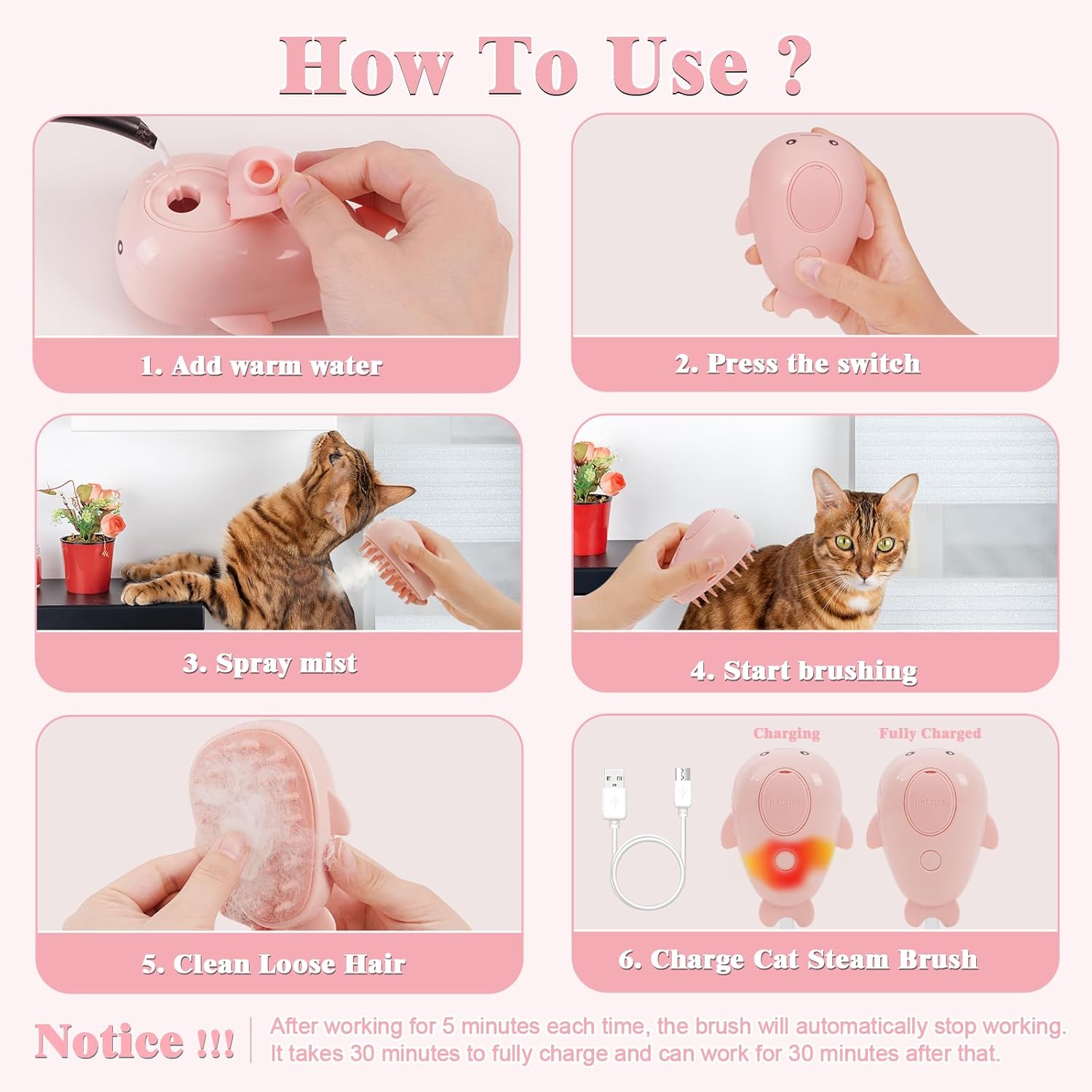 KFX-1673661 3-in-1 Rechargeable Steamy Cat Brush with Self-Cleaning Feature - Pet Hair Removal and Massage Tool for Cats and Dogs