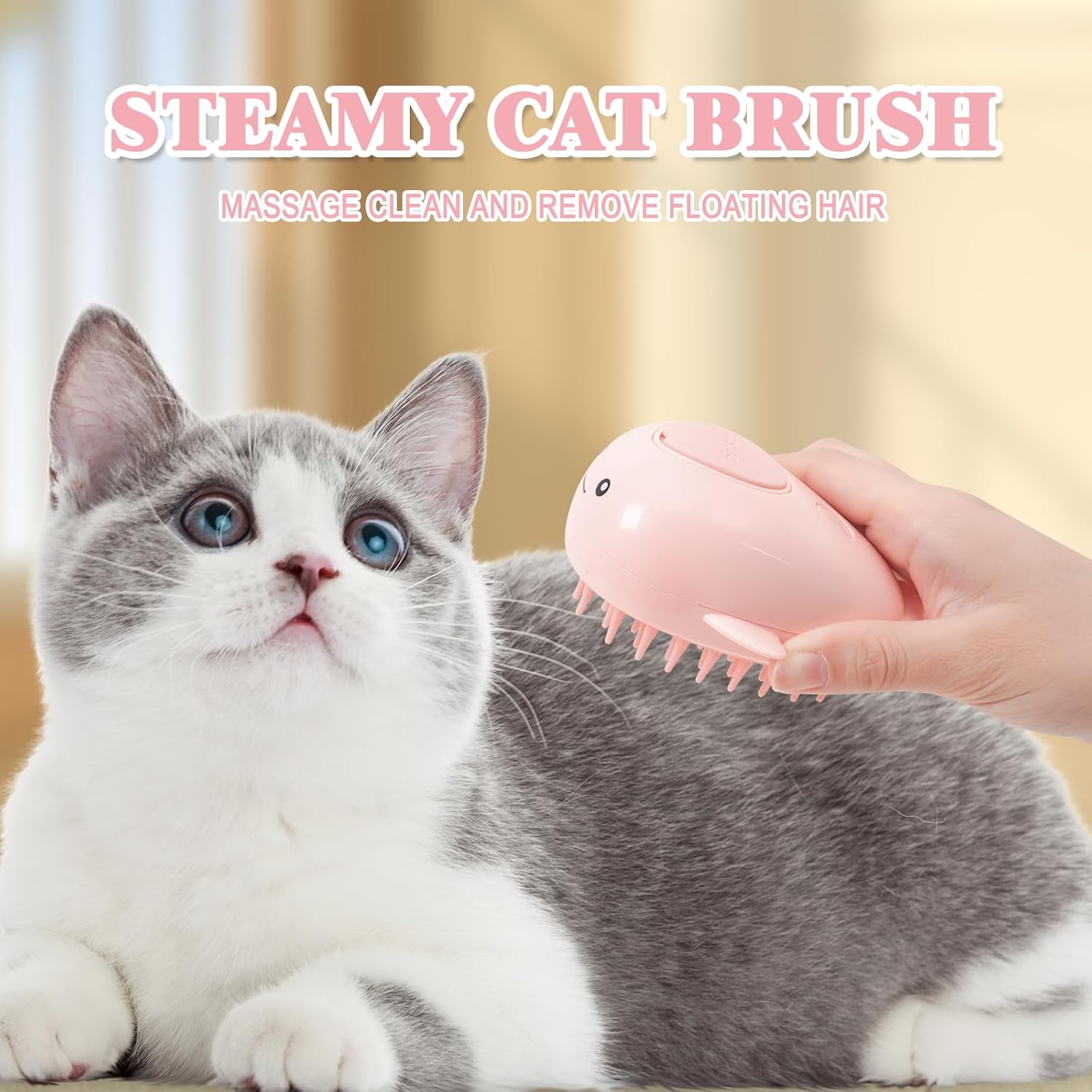 KFX-1673661 3-in-1 Rechargeable Steamy Cat Brush with Self-Cleaning Feature - Pet Hair Removal and Massage Tool for Cats and Dogs