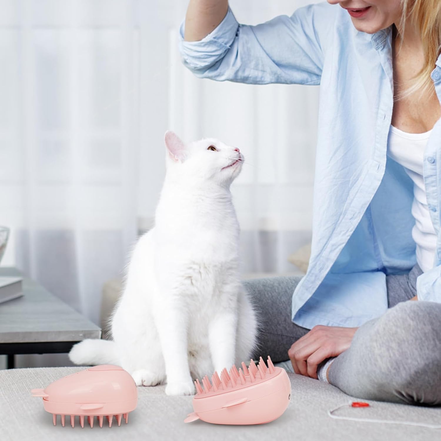 KFX-1673661 3-in-1 Rechargeable Steamy Cat Brush with Self-Cleaning Feature - Pet Hair Removal and Massage Tool for Cats and Dogs