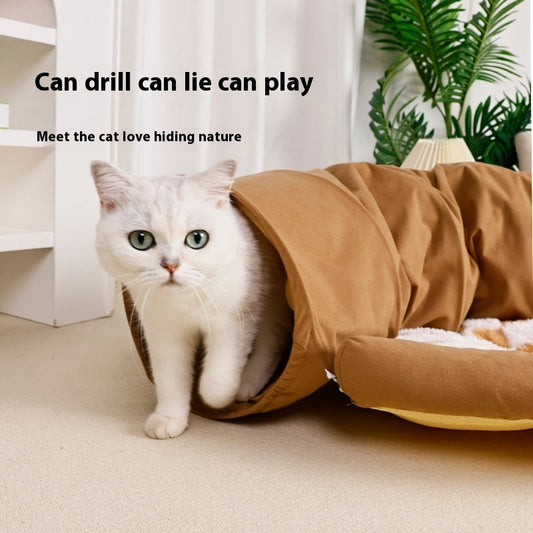 KFX-1683773 Warm and Cozy Cat Nest in Khaki and Gray Cloth with British Plaid Design