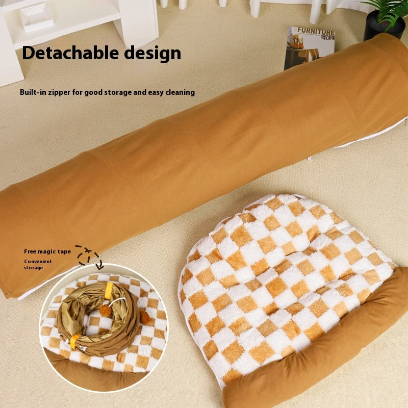 KFX-1683773 Warm and Cozy Cat Nest in Khaki and Gray Cloth with British Plaid Design