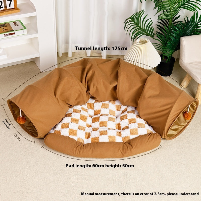 KFX-1683773 Warm and Cozy Cat Nest in Khaki and Gray Cloth with British Plaid Design