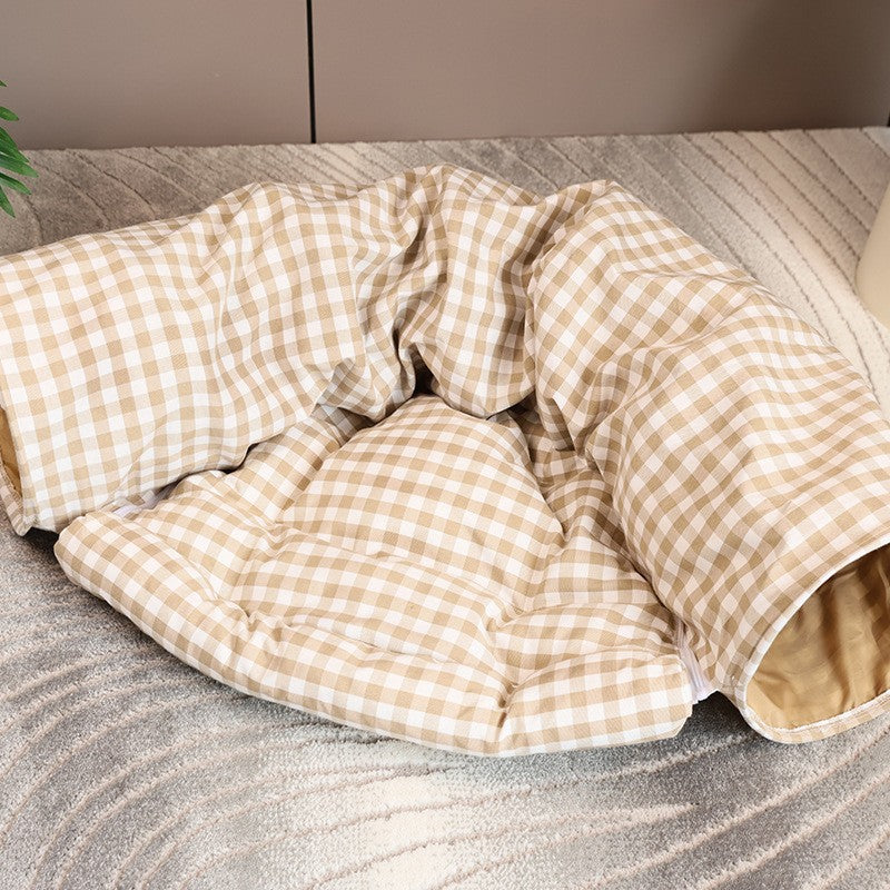 KFX-1683773 Warm and Cozy Cat Nest in Khaki and Gray Cloth with British Plaid Design