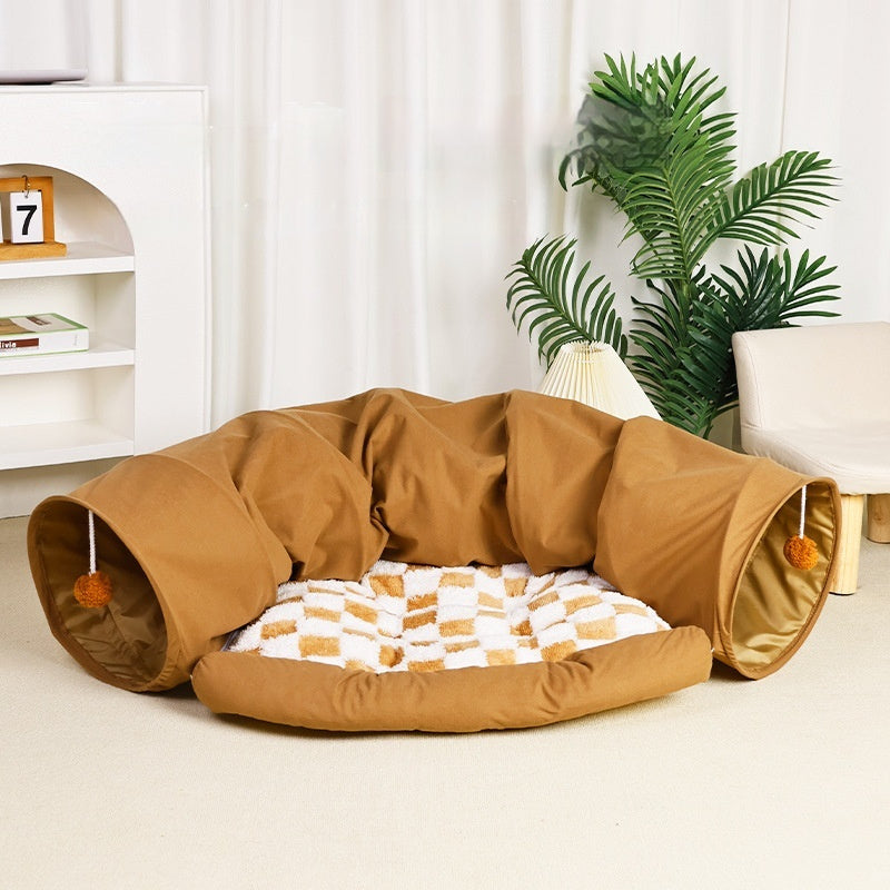 KFX-1683773 Warm and Cozy Cat Nest in Khaki and Gray Cloth with British Plaid Design