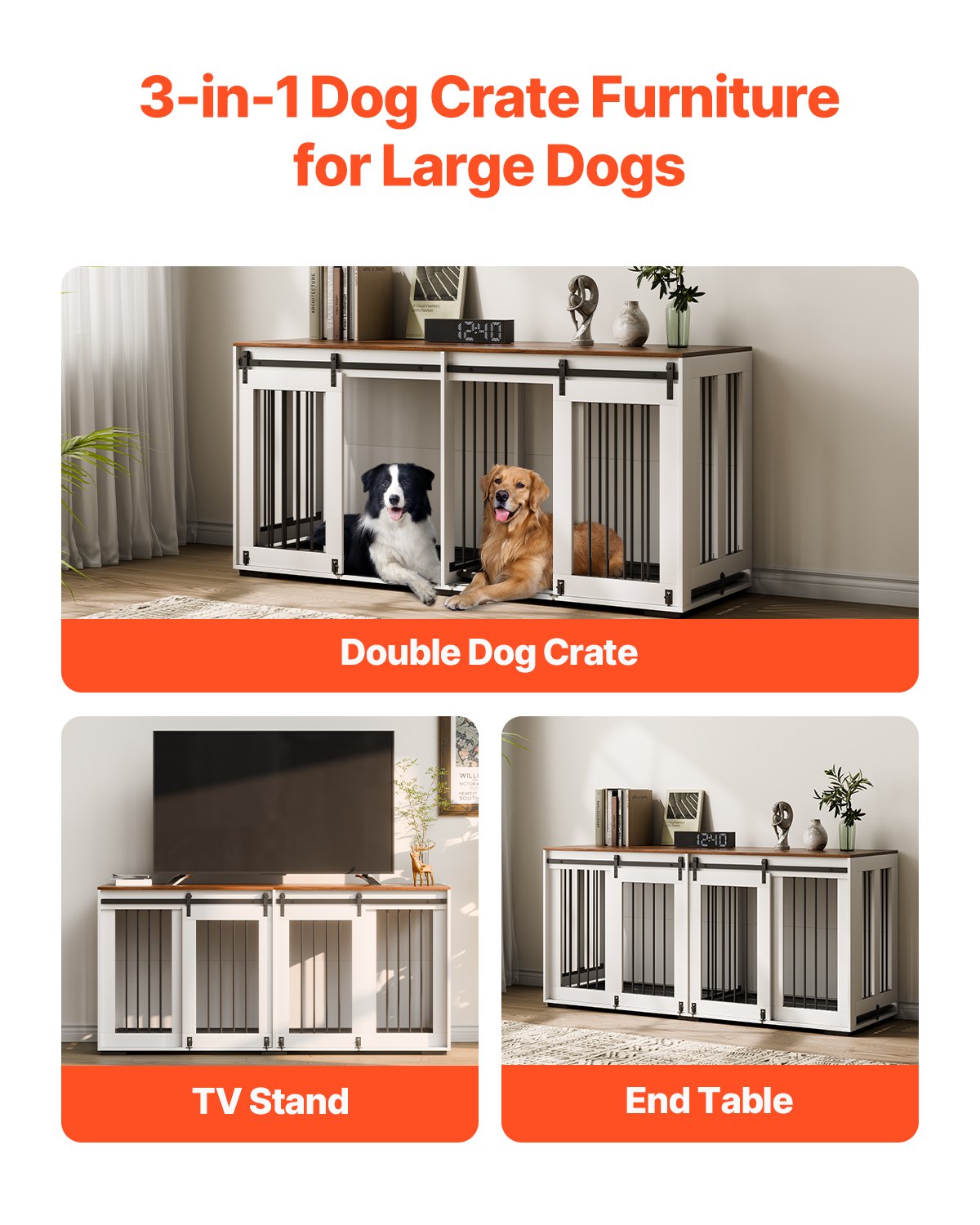 KFX-1691325 72-Inch Indoor Wooden Dog Crate with Tray - Multi-Functional Kennel and Furniture Solution