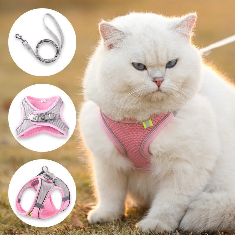 KFX-1693245 Adjustable Cat Vest with Pulling Leash - Yellow, Green, Pink - Polyester Material in Multiple Sizes