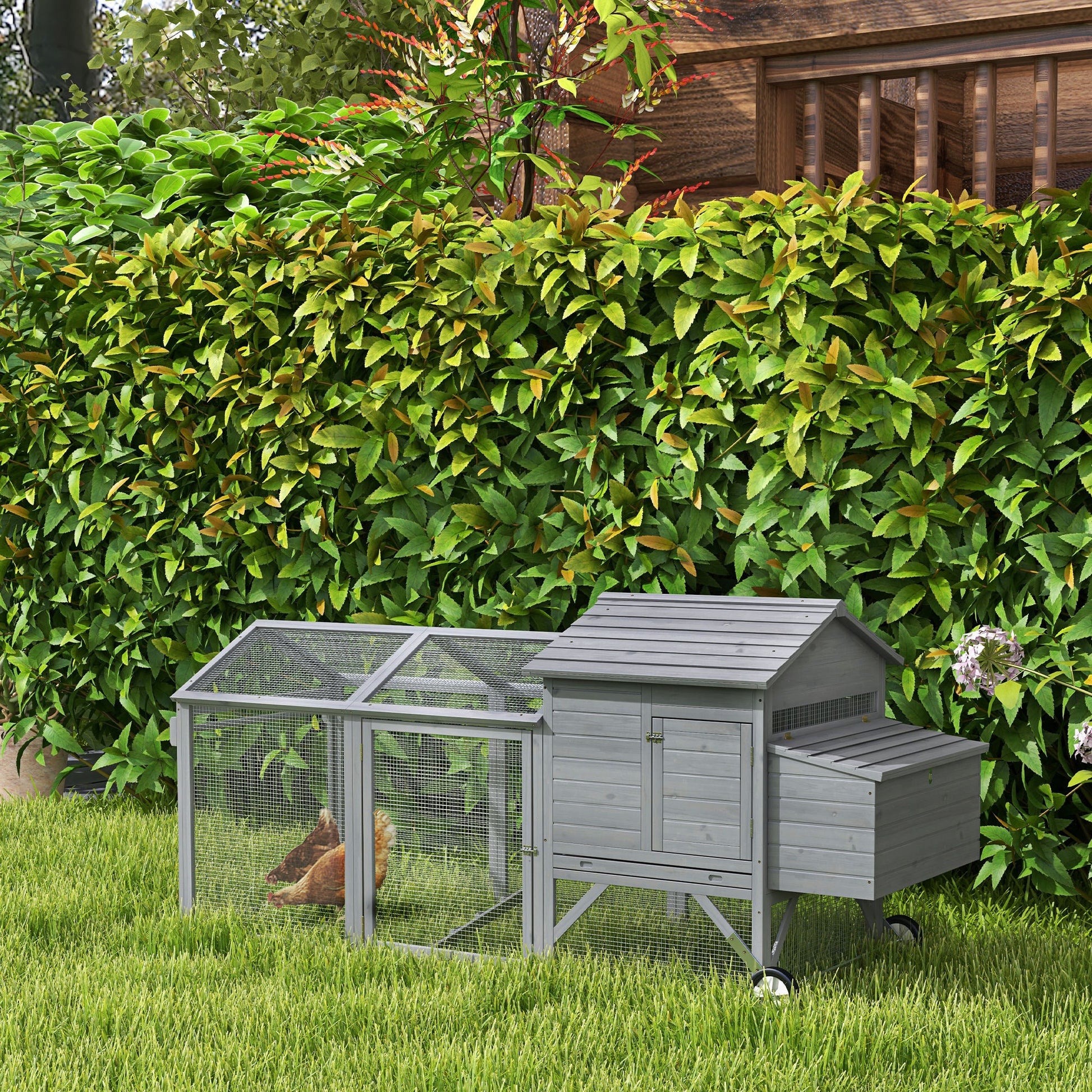 KFX-1702845 Portable 96.5" Wooden Chicken Coop with Nesting Box and Wheels for Outdoor Use, Gray