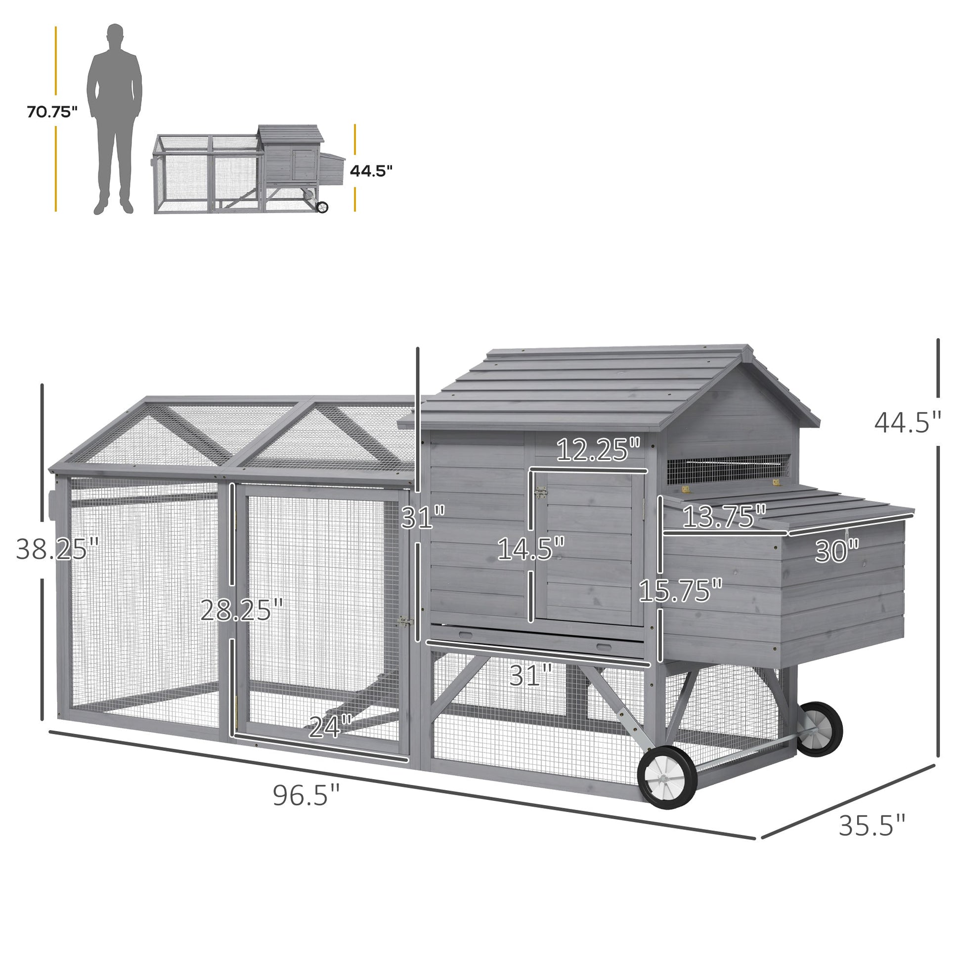 KFX-1702845 Portable 96.5" Wooden Chicken Coop with Nesting Box and Wheels for Outdoor Use, Gray