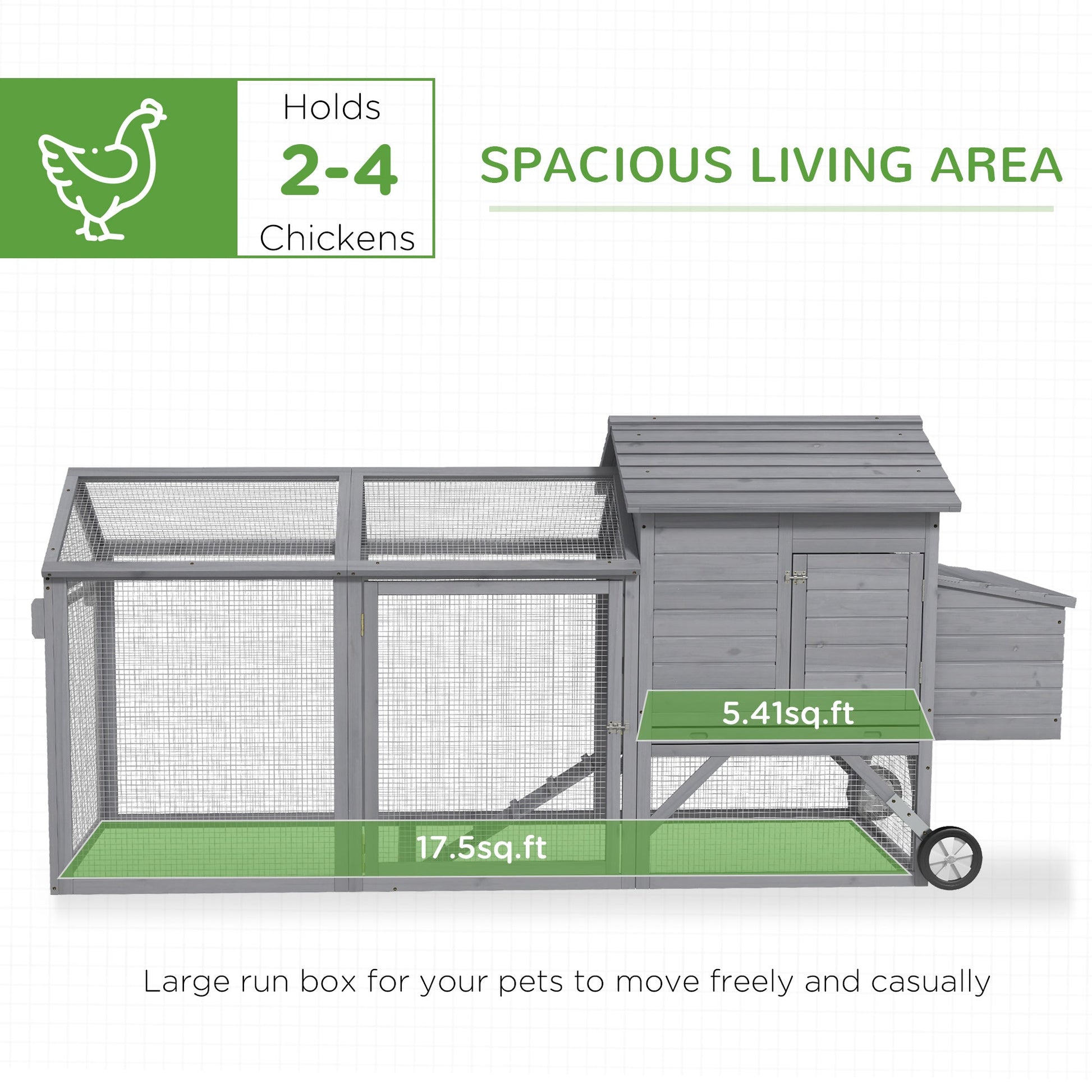 KFX-1702845 Portable 96.5" Wooden Chicken Coop with Nesting Box and Wheels for Outdoor Use, Gray