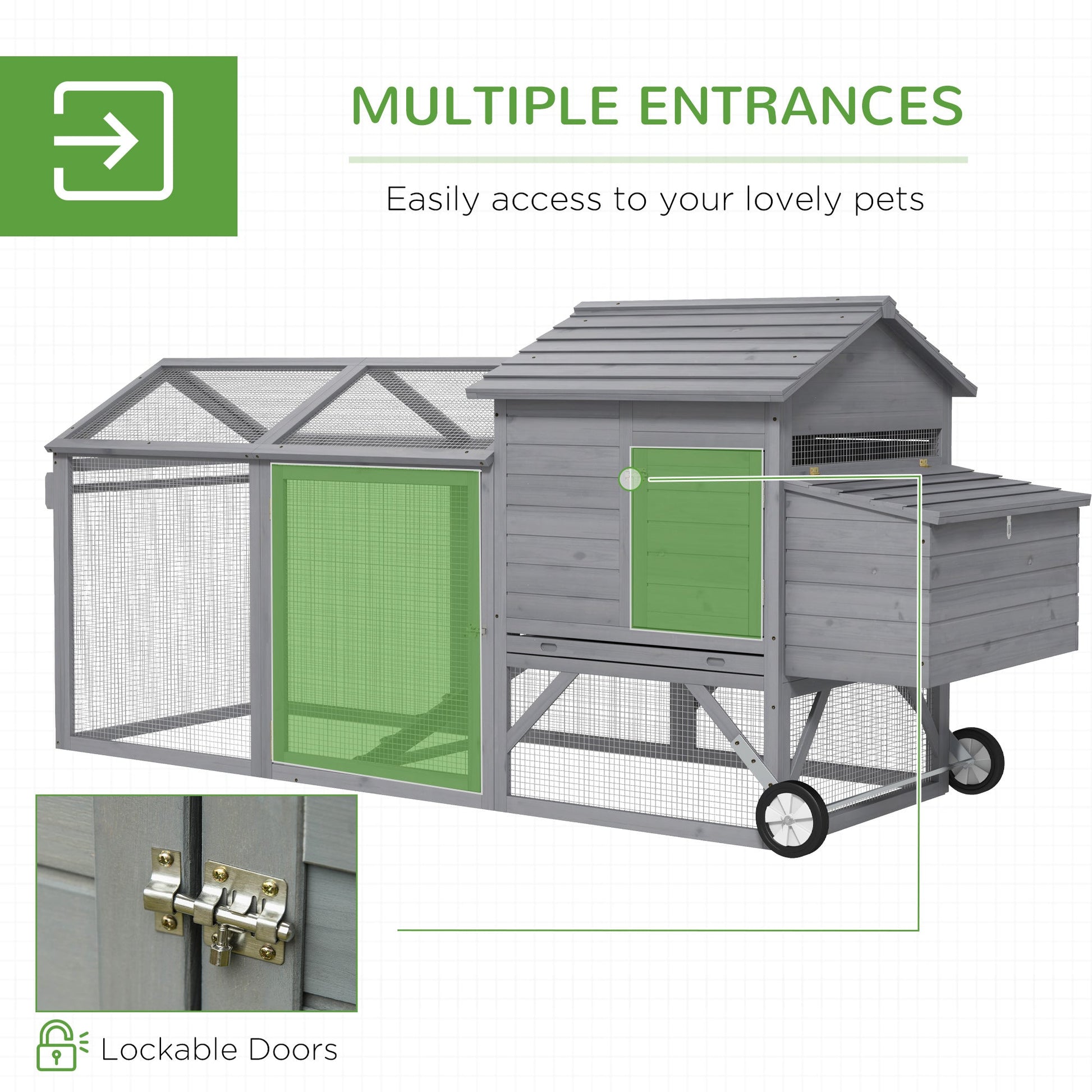 KFX-1702845 Portable 96.5" Wooden Chicken Coop with Nesting Box and Wheels for Outdoor Use, Gray
