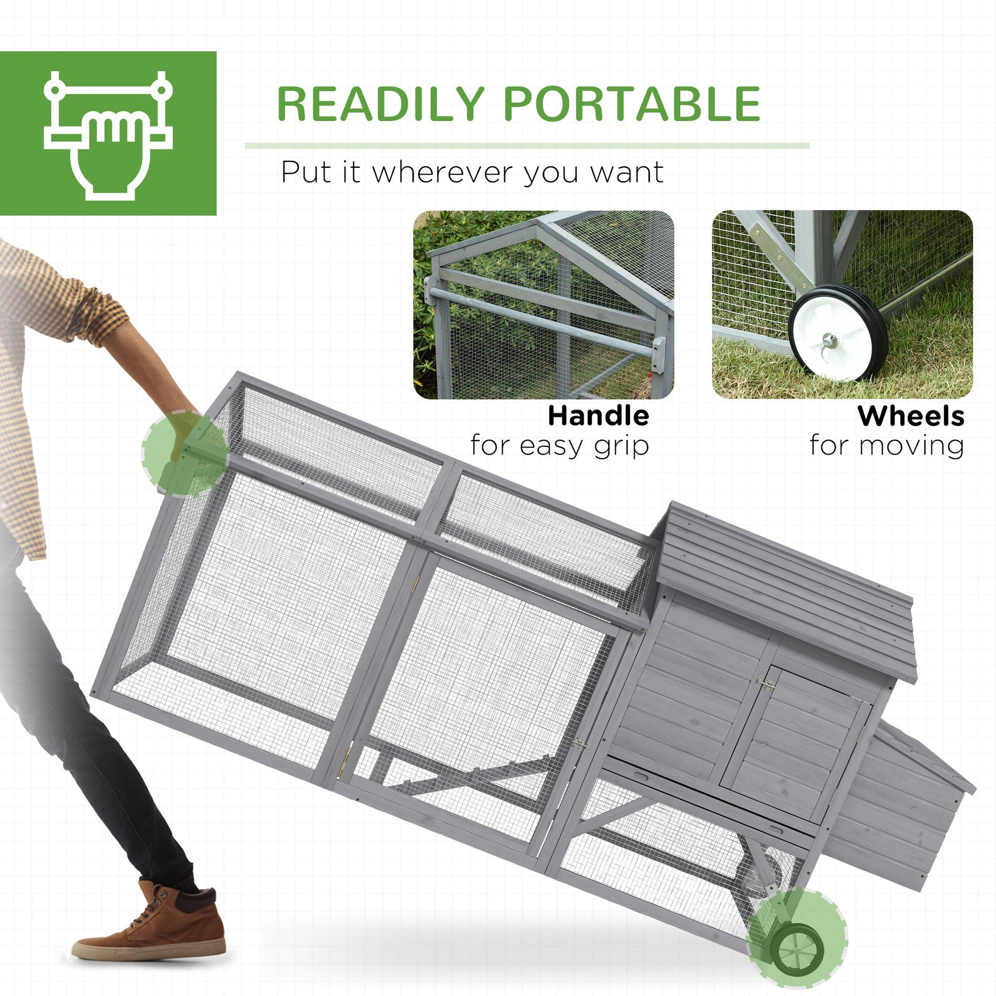 KFX-1702845 Portable 96.5" Wooden Chicken Coop with Nesting Box and Wheels for Outdoor Use, Gray