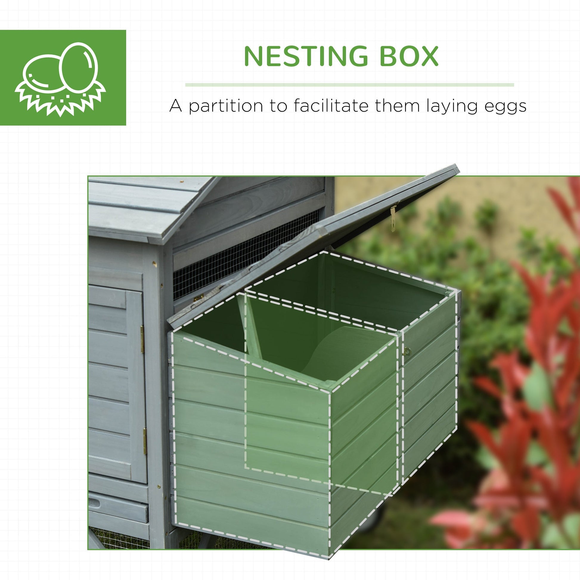 KFX-1702845 Portable 96.5" Wooden Chicken Coop with Nesting Box and Wheels for Outdoor Use, Gray