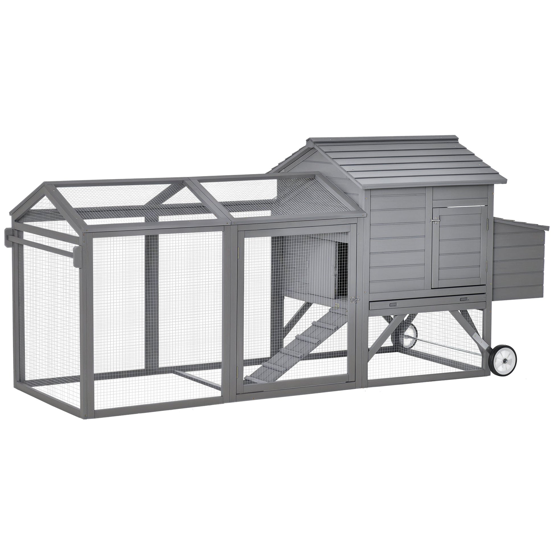 KFX-1702845 Portable 96.5" Wooden Chicken Coop with Nesting Box and Wheels for Outdoor Use, Gray