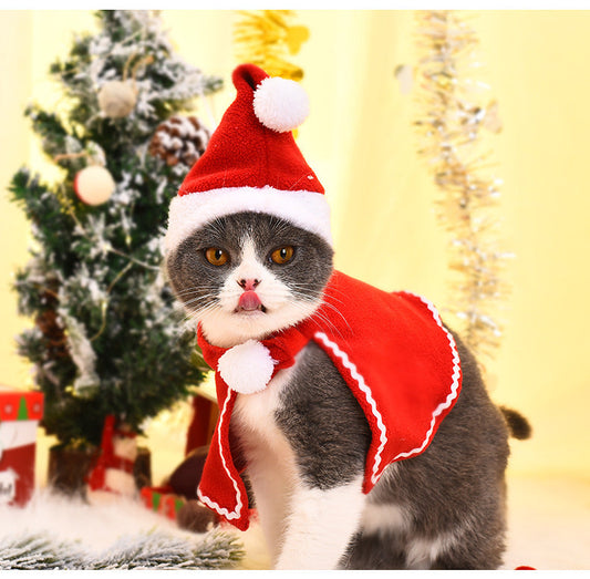 KFX-1703357 Pet Santa Cloak and Hat Set for Cats and Dogs - Red Polyester Costume for Christmas and Special Occasions