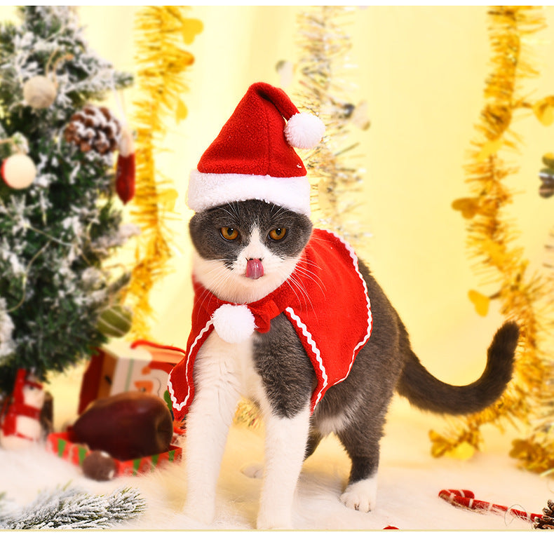 KFX-1703357 Pet Santa Cloak and Hat Set for Cats and Dogs - Red Polyester Costume for Christmas and Special Occasions