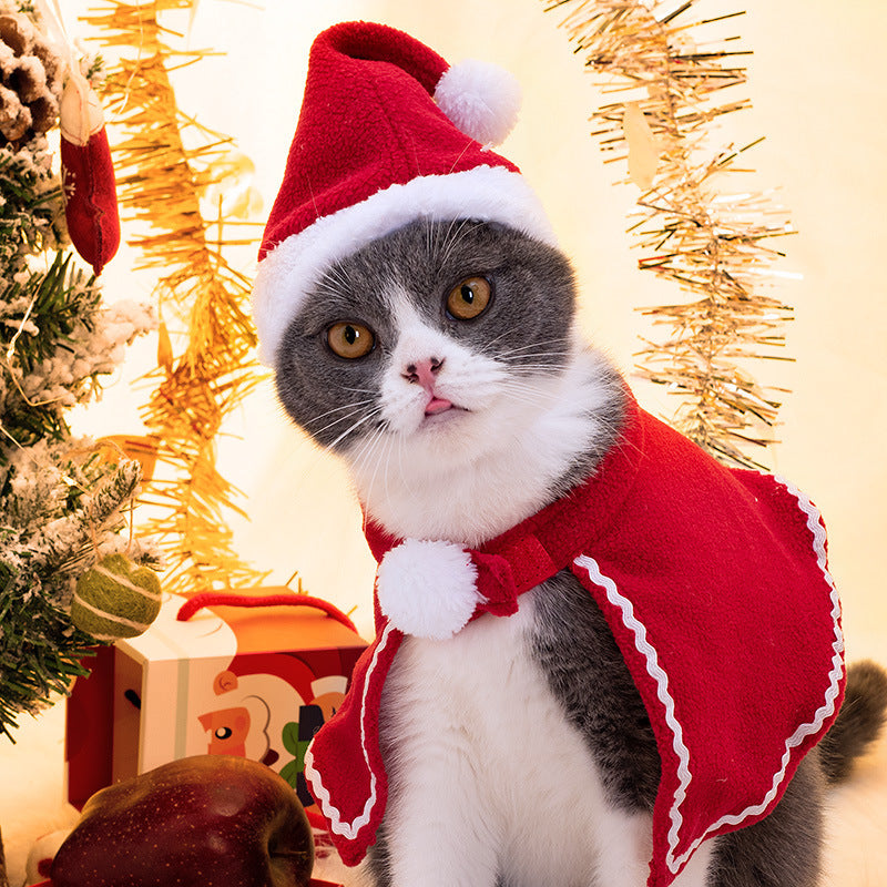 KFX-1703357 Pet Santa Cloak and Hat Set for Cats and Dogs - Red Polyester Costume for Christmas and Special Occasions