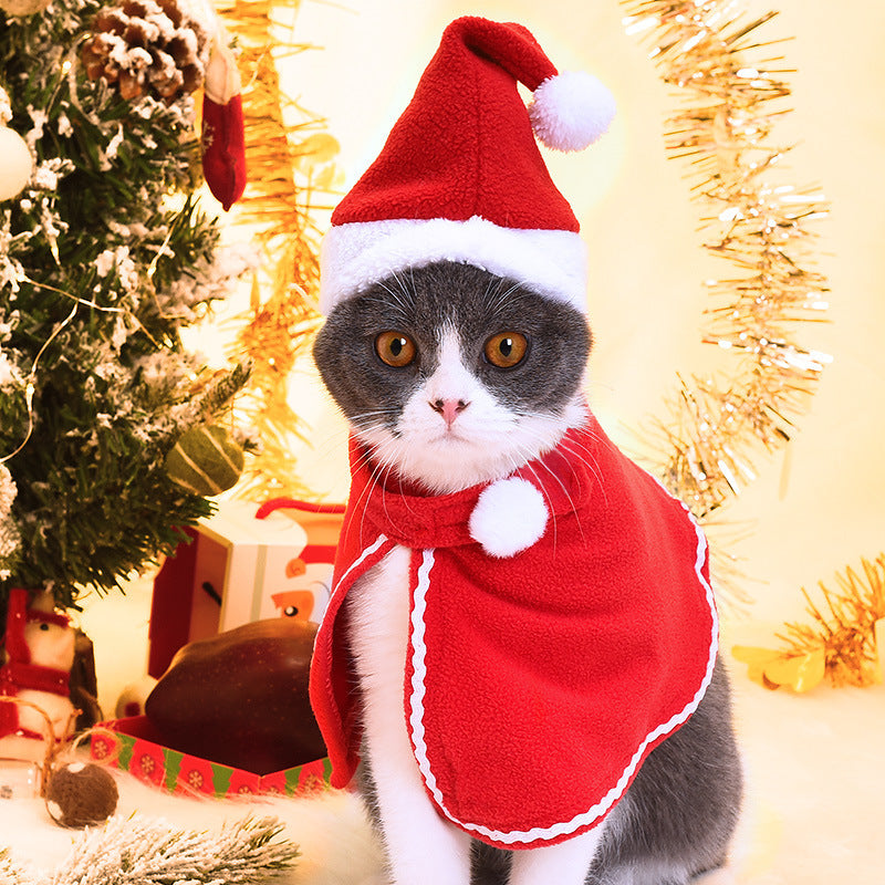 KFX-1703357 Pet Santa Cloak and Hat Set for Cats and Dogs - Red Polyester Costume for Christmas and Special Occasions