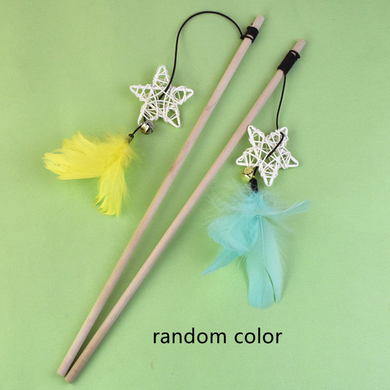 KFX-1703997 Wooden Cat Teaser Stick with Feather Ball and Star Toys