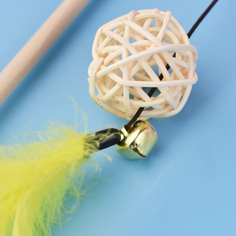 KFX-1703997 Wooden Cat Teaser Stick with Feather Ball and Star Toys