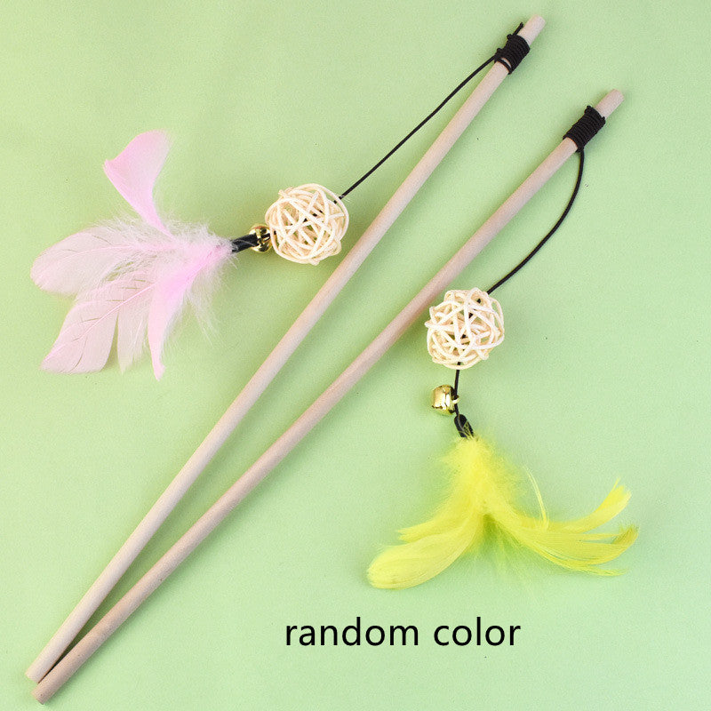 KFX-1703997 Wooden Cat Teaser Stick with Feather Ball and Star Toys
