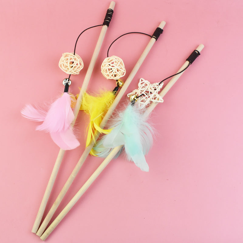 KFX-1703997 Wooden Cat Teaser Stick with Feather Ball and Star Toys