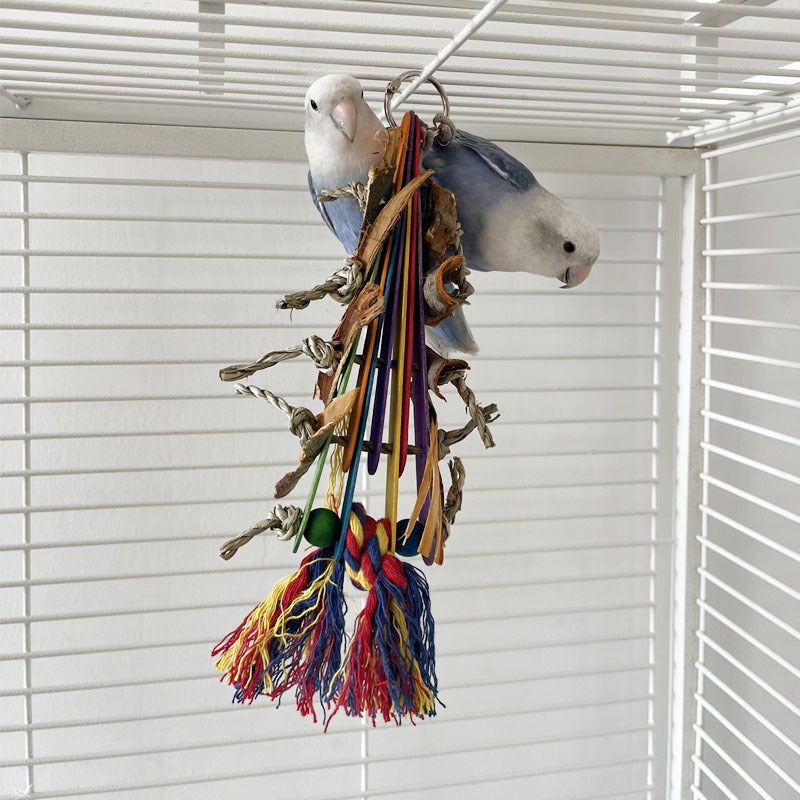 KFX-1707581 Corn Cob and Wood Parrot Bite Toy with Colorful Sequins and Vines