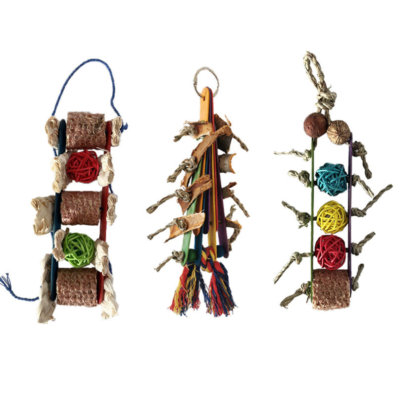KFX-1707581 Corn Cob and Wood Parrot Bite Toy with Colorful Sequins and Vines