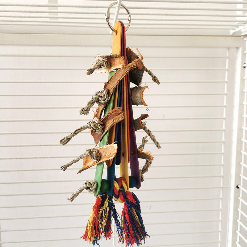 KFX-1707581 Corn Cob and Wood Parrot Bite Toy with Colorful Sequins and Vines