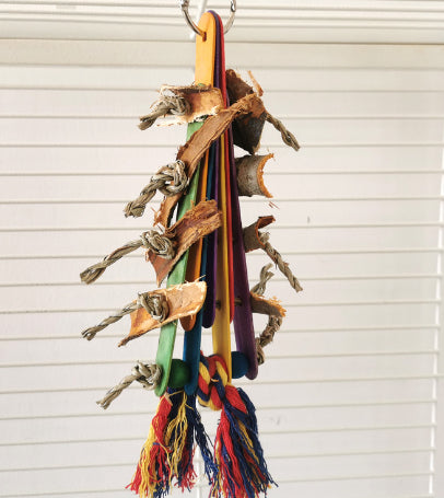 KFX-1707581 Corn Cob and Wood Parrot Bite Toy with Colorful Sequins and Vines