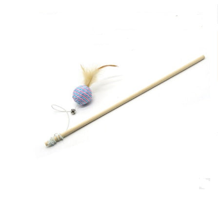 KFX-1709757 Wooden Cat Stick Toy with Hemp Feather Rope and Bell for Playful Kittens