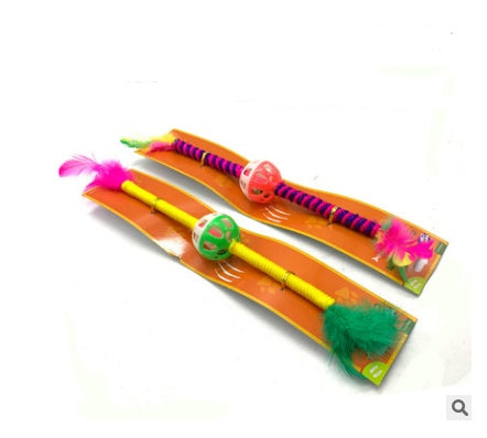 KFX-1709757 Wooden Cat Stick Toy with Hemp Feather Rope and Bell for Playful Kittens
